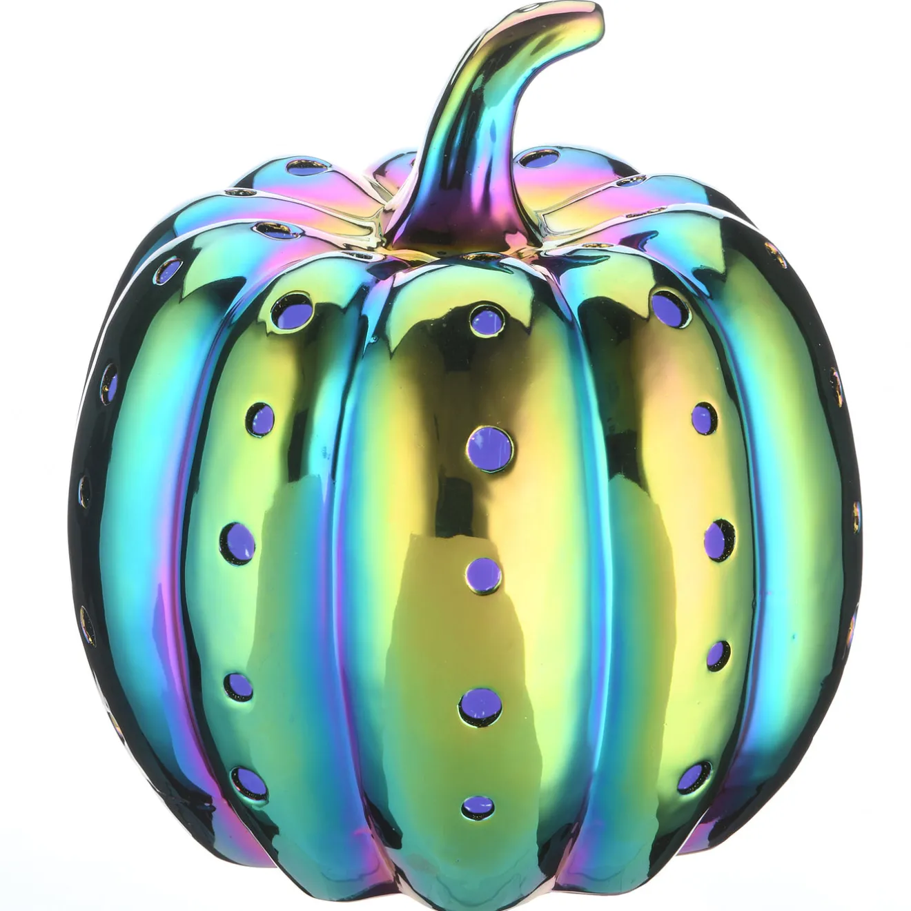Sale 12 in. Halloween Ceramic Iridescent Purple Pumpkin with Multi Color LED Lights Indoor Decorations