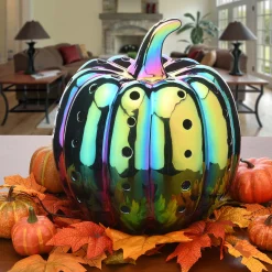 Sale 12 in. Halloween Ceramic Iridescent Purple Pumpkin with Multi Color LED Lights Indoor Decorations