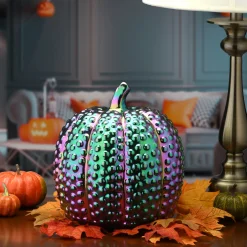 New 10 in. Halloween Ceramic Iridescent Purple Pumpkin Decoration Indoor Decorations