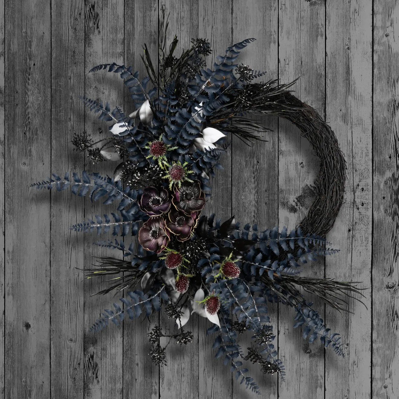 New 18 in. Halloween Deep Purple Fern Sakura Half Wreath Wreaths