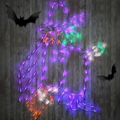 Sale 46 in. Halloween Flying Witch Lighted Sign Decoration with LED Lights Sign Decorations