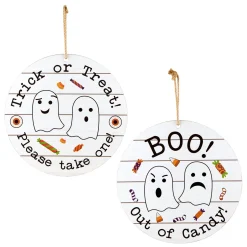 12 in. Halloween Hanging Double Sided Sign, White, Trick or Treat, Out of Candy Indoor Decorations