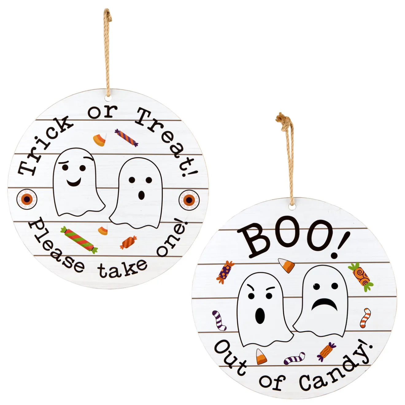 12 in. Halloween Hanging Double Sided Sign, White, Trick or Treat, Out of Candy Indoor Decorations