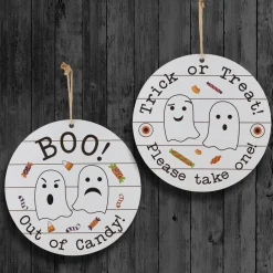 12 in. Halloween Hanging Double Sided Sign, White, Trick or Treat, Out of Candy Indoor Decorations