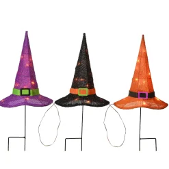 Hot 23 in. Halloween Orange,Black and Purple Witchs Hat Garden Stakes with LED Lights Outdoor Decorations