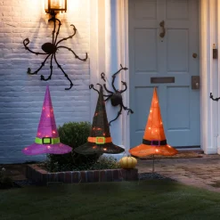 Hot 23 in. Halloween Orange,Black and Purple Witchs Hat Garden Stakes with LED Lights Outdoor Decorations