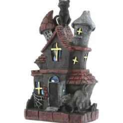 Discount 7 in. Halloween Pre-Lit Black Haunted House Decoration with LED Lights Indoor Decorations