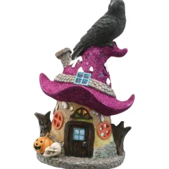 Discount 10 in. Halloween Pre-Lit Haunted Mushroom House Decoration with LED Lights Indoor Decorations