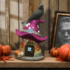 Discount 10 in. Halloween Pre-Lit Haunted Mushroom House Decoration with LED Lights Indoor Decorations