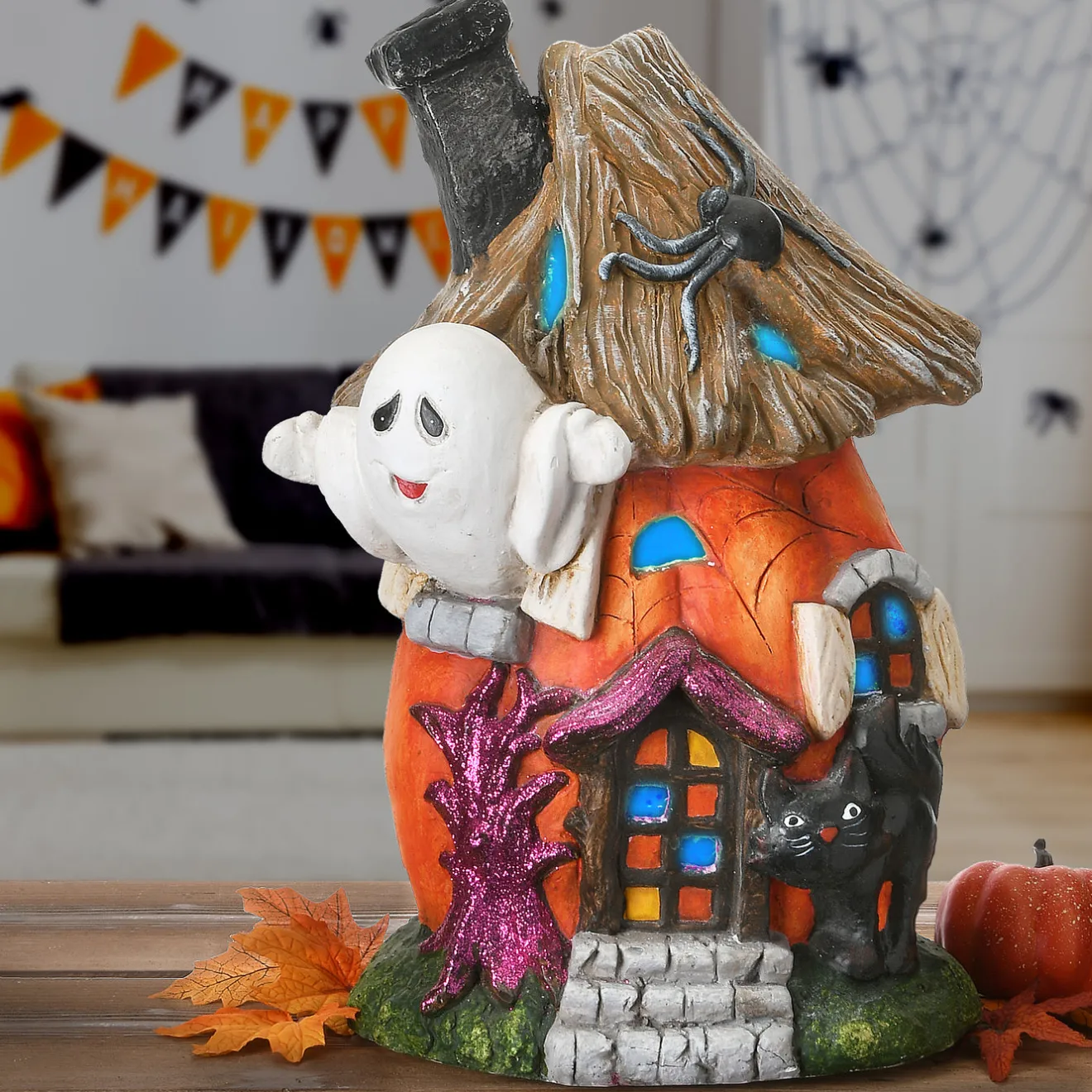 Outlet 18 in. Halloween Pre-Lit Pumpkin Haunted House Decoration with LED Lights Indoor Decorations