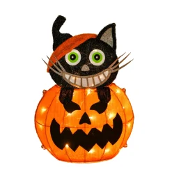 New 23 in. Halloween Pre-Lit Pumpkin and Black Cat Lighted Sign Decoration with LED Lights Outdoor Decorations