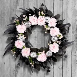 Outlet 26 in. Halloween Pretty Morbid Pink Carnation Wreath with Silver Pumpkins Wreaths