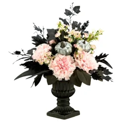 Sale 17 in. Halloween Pretty Morbid Pink Carnation Centerpiece with Black Pedestal Urn, Velvet Pumpkins Indoor Decorations