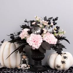Sale 17 in. Halloween Pretty Morbid Pink Carnation Centerpiece with Black Pedestal Urn, Velvet Pumpkins Indoor Decorations