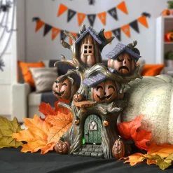 Discount 12 in. Halloween Pumpkin Tree House with Multi Color LED Lights Indoor Decorations