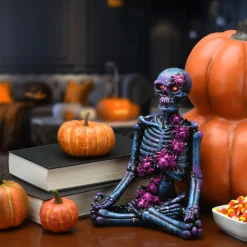 10 in. Halloween Purple Galaxy Meditating Skeleton with LED Lights Indoor Decorations