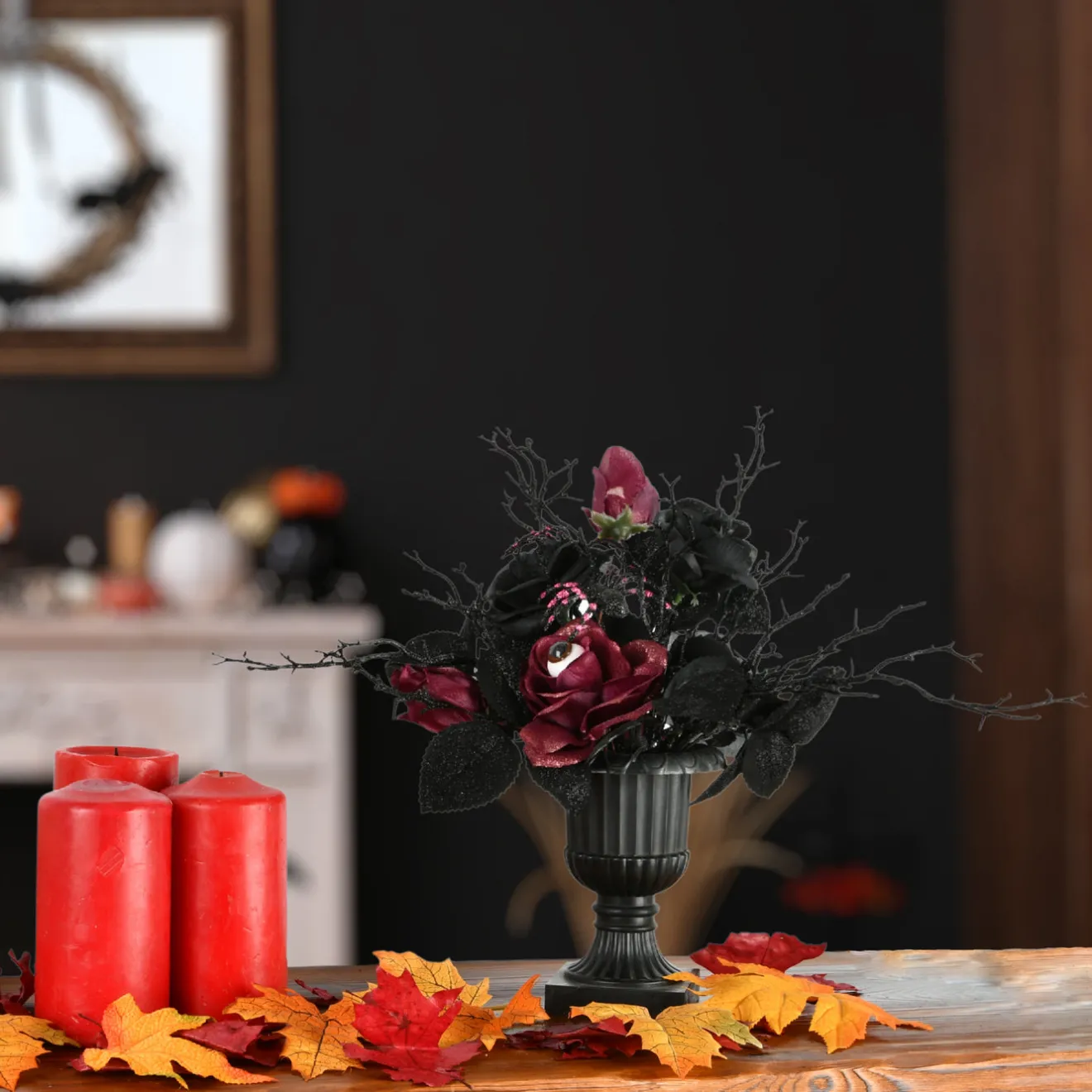 New 18 in. Halloween Rose Flowers Plant Decoration in a Black Urn Indoor Decorations