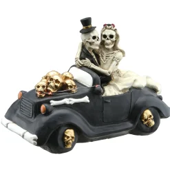 8 in. Halloween Skeleton Bride and Groom in Black Car with LED Lights Indoor Decorations