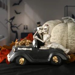 8 in. Halloween Skeleton Bride and Groom in Black Car with LED Lights Indoor Decorations