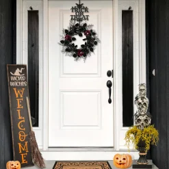 Discount 32 in. Halloween Skull Tower with Spiders Tabletop Decoration in a Black Urn Indoor Decorations