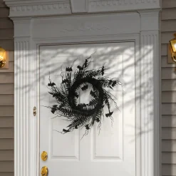 New 24 in. Halloween Spooky Wreath with Bats, Fern Leaves, Branches Wreaths