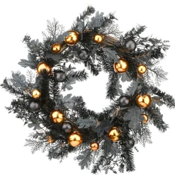 Outlet 24 in. Halloween Spooky Wreath with Black and Orange Ball Ornaments, Leaves Wreaths