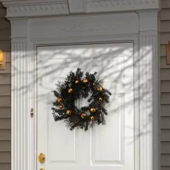 Outlet 24 in. Halloween Spooky Wreath with Black and Orange Ball Ornaments, Leaves Wreaths