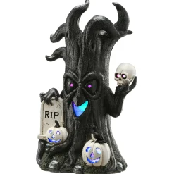 Hot 15 in. Halloween Tree Holding Skull and RIP Tombstone with LED Lights Indoor Decorations