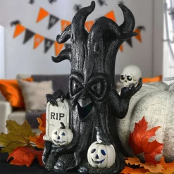 Hot 15 in. Halloween Tree Holding Skull and RIP Tombstone with LED Lights Indoor Decorations