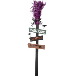 Clearance 33 in. Halloween Welcome My Pretties Witchs Broom Garden Stake Outdoor Decorations