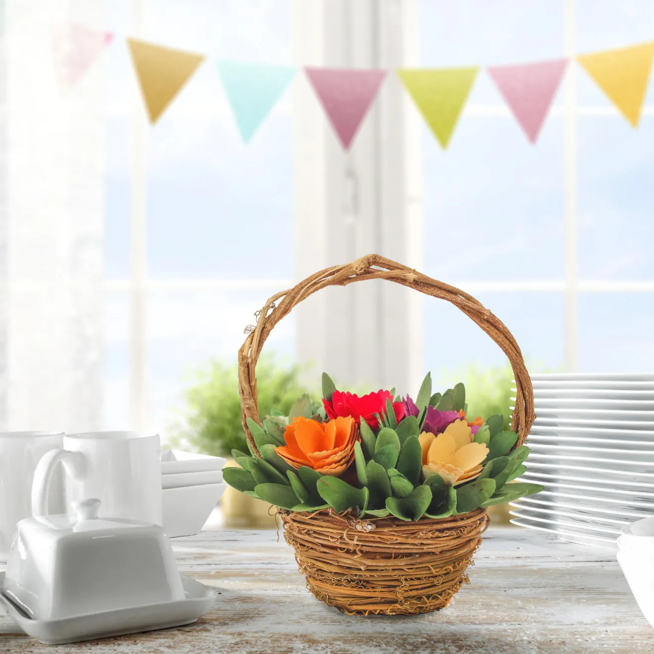 New 10 in. Handcrafted Multicolor Floral Basket Potted Plants