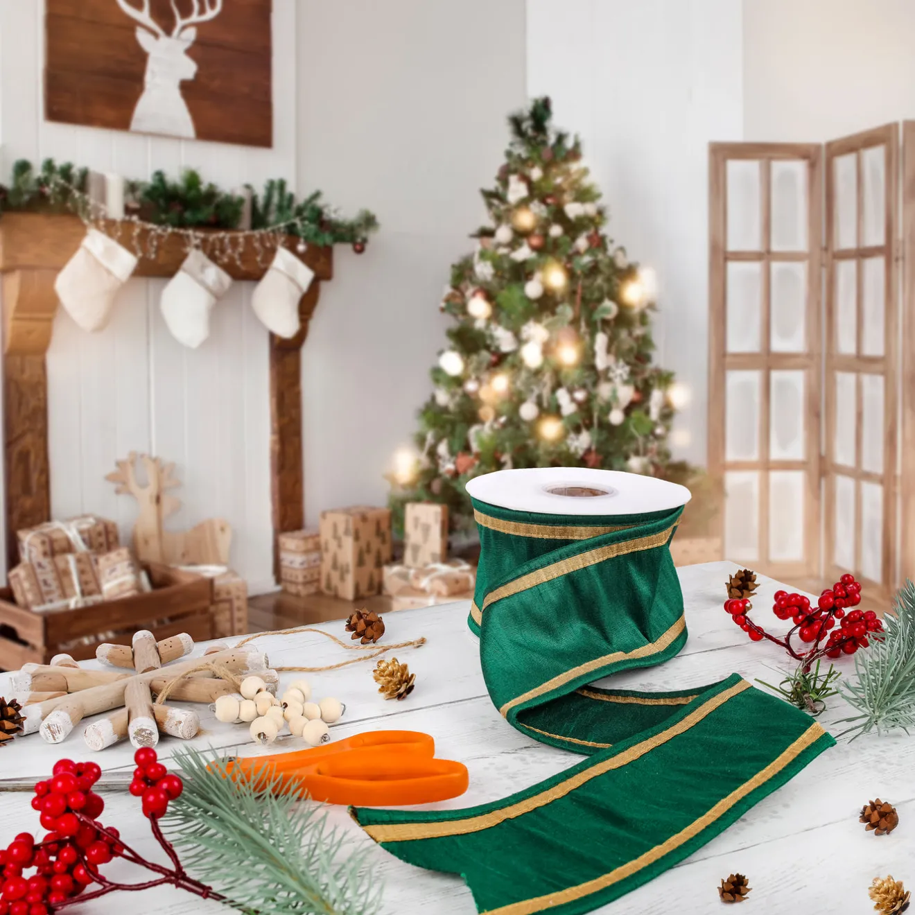 New 3 in. HGTV Home Collection Dupioni Double-Sided Ribbon, Green & Gold Tree Ribbons