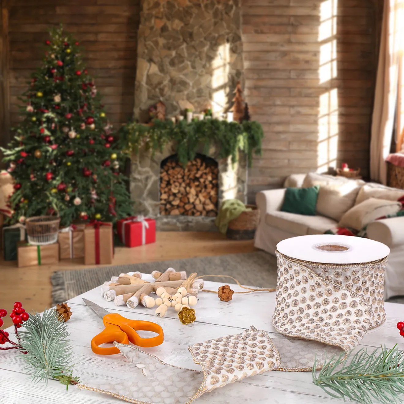 Online 3 in. HGTV Home Collection Rainer Jacquard Tissue Back Ribbon, Gold Tree Ribbons