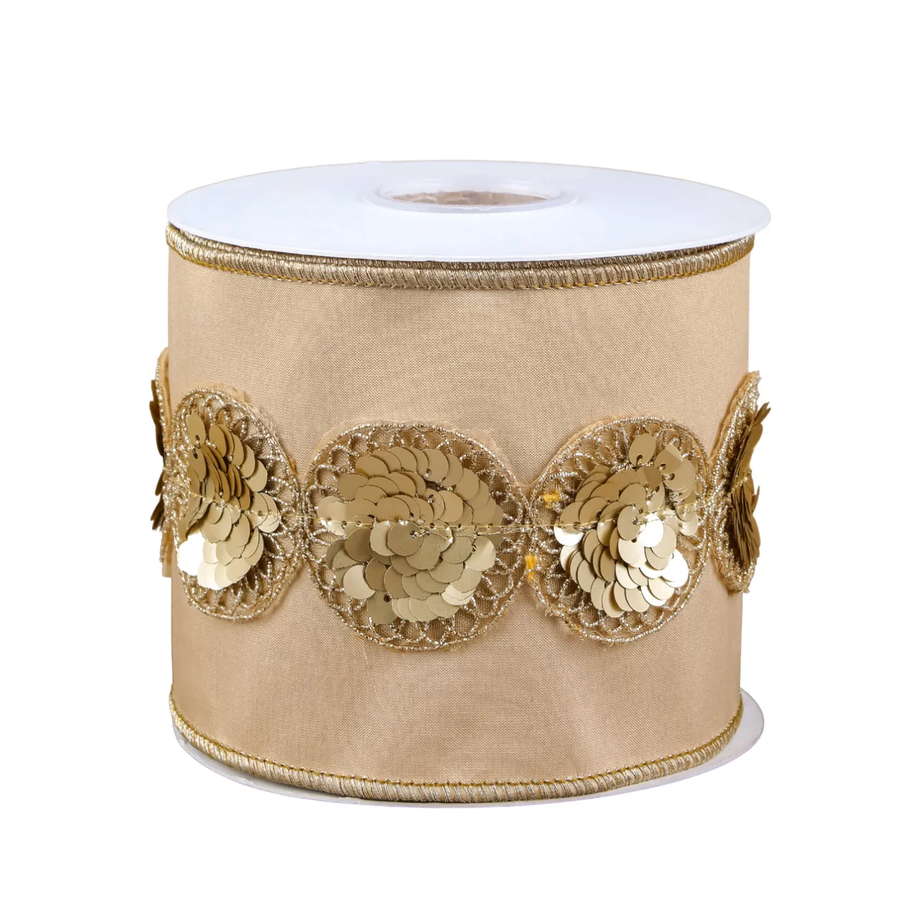 Online 4 in. HGTV Home Collection Sequin Beaded Taffeta Ribbon, Beige Tree Ribbons