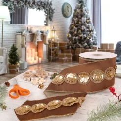 Online 4 in. HGTV Home Collection Sequin Beaded Taffeta Ribbon, Brown Tree Ribbons