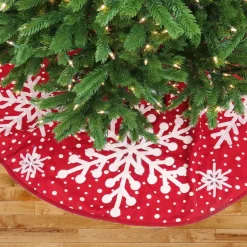 Discount 52 in. HGTV Home Collection Red Tree Skirt with Snowflake Embroidery and White Dots Tree Skirts & Collars
