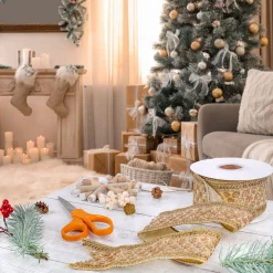 Outlet 2.5 in. HGTV Home Collection Dupioni Gold Beaded Ribbon Tree Ribbons