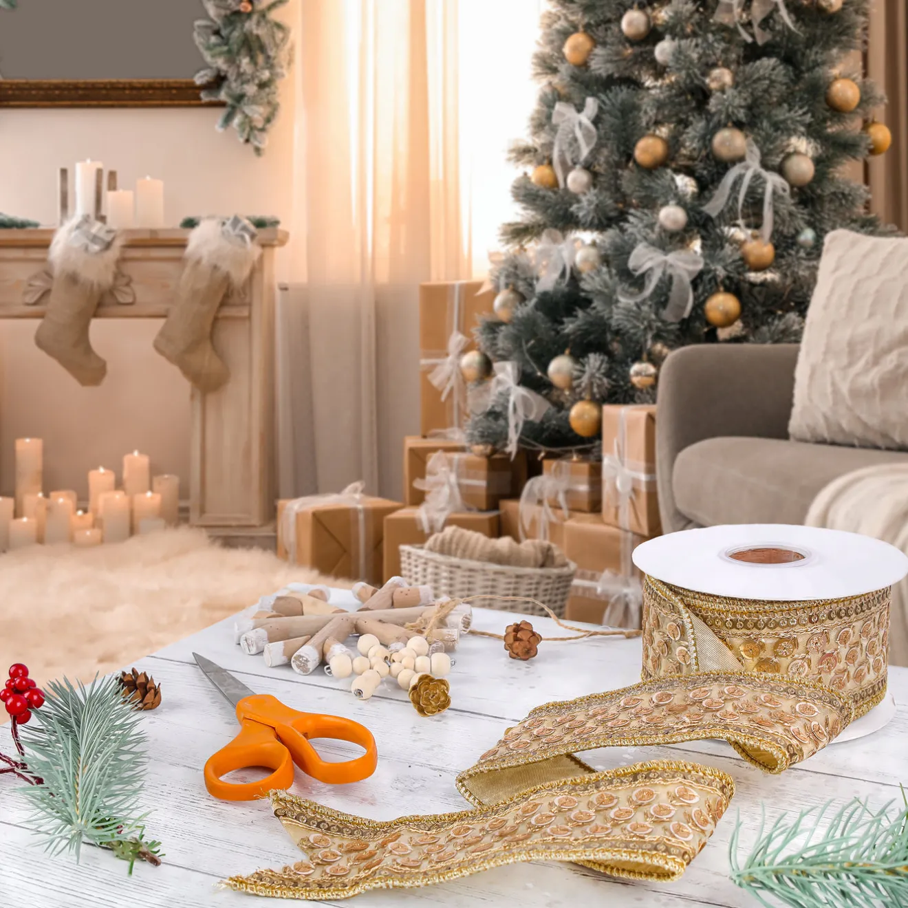 Outlet 2.5 in. HGTV Home Collection Dupioni Gold Beaded Ribbon Tree Ribbons
