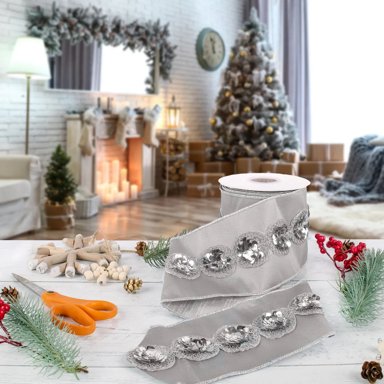 Clearance 4 in. HGTV Home Collection Sequin Beaded Taffeta Ribbon, Gray Tree Ribbons