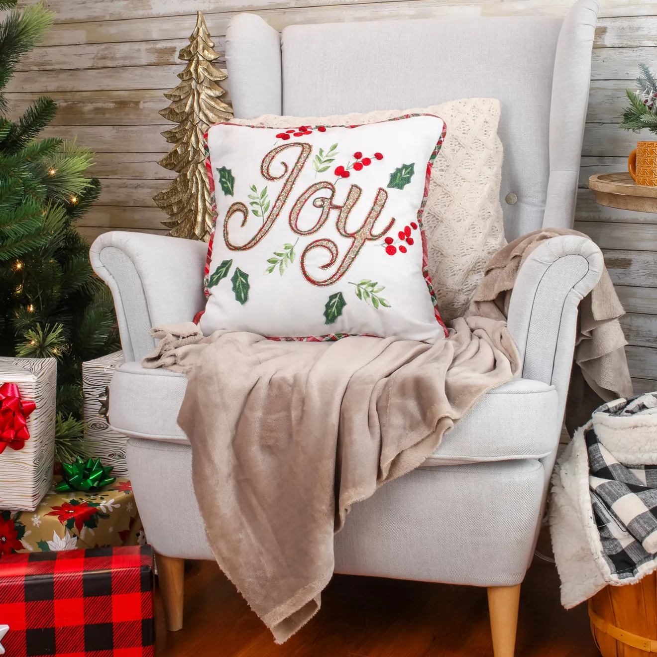Discount 18 in. HGTV Home Collection Embroidered Joy Christmas Pillow Pillows & Throws