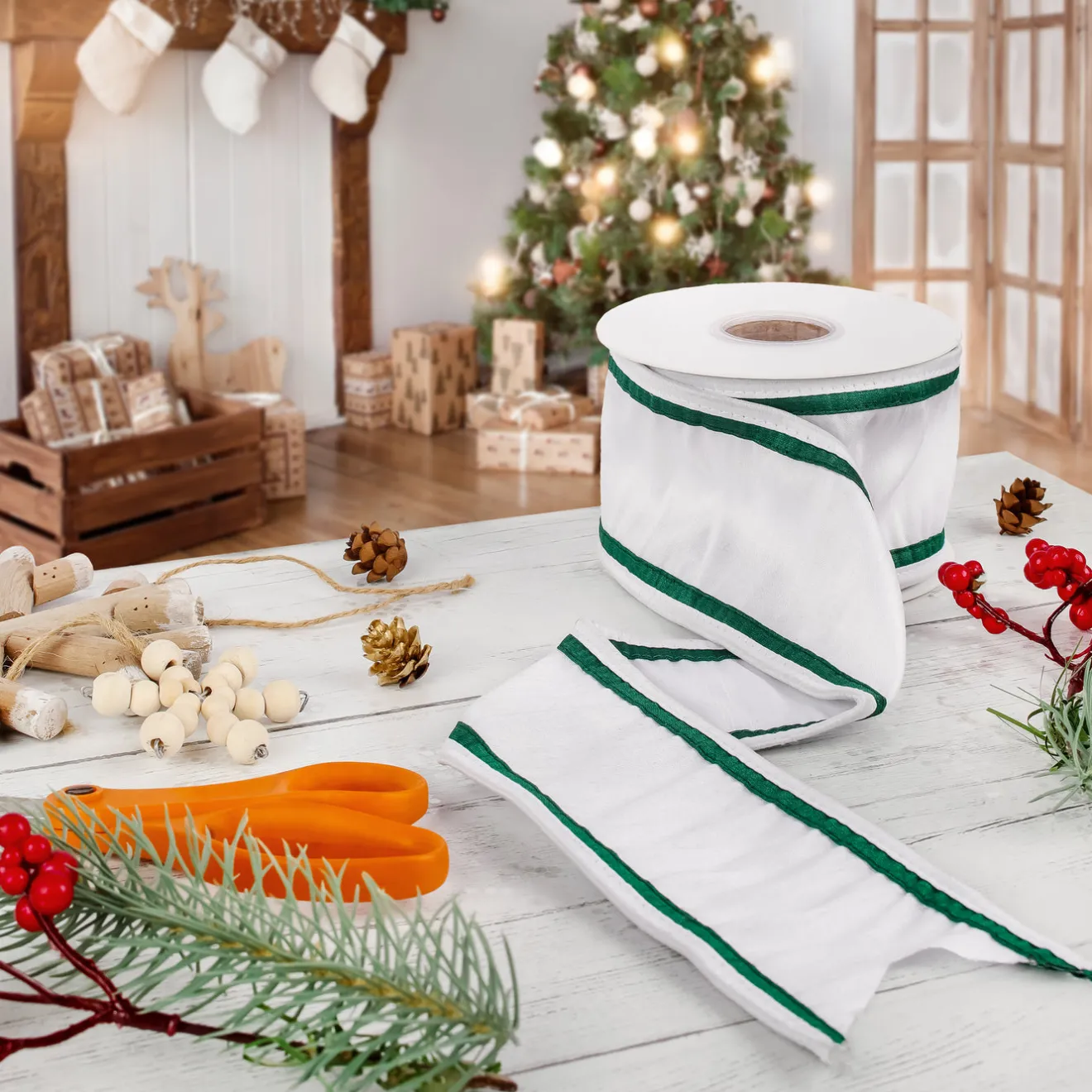 Clearance 3 in. HGTV Home Collection Dupioni Double-Sided Ribbon, White & Green Tree Ribbons