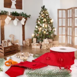 Outlet 3 in. HGTV Home Collection Dupioni Button Ribbon, Red Tree Ribbons