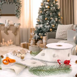 New 3 in. HGTV Home Collection Dupioni Button Ribbon, White Tree Ribbons