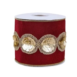 Discount 4 in. HGTV Home Collection Sequin Beaded Velour Velvet Ribbon, Burgundy Tree Ribbons