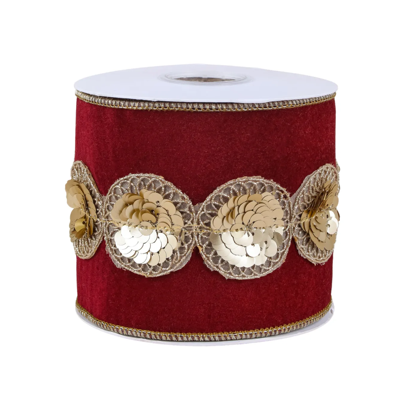 Discount 4 in. HGTV Home Collection Sequin Beaded Velour Velvet Ribbon, Burgundy Tree Ribbons