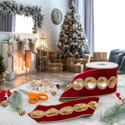 Discount 4 in. HGTV Home Collection Sequin Beaded Velour Velvet Ribbon, Burgundy Tree Ribbons
