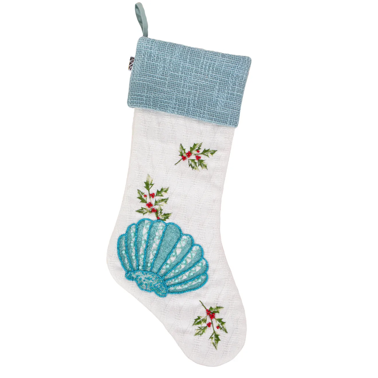 Outlet 20 in. HGTV Home Collection Embroidered Blue Shell Stocking Stockings