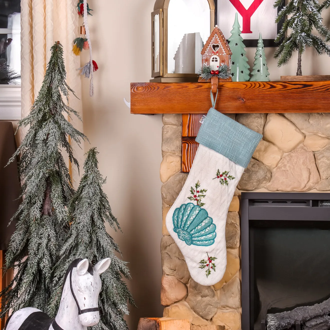 Outlet 20 in. HGTV Home Collection Embroidered Blue Shell Stocking Stockings