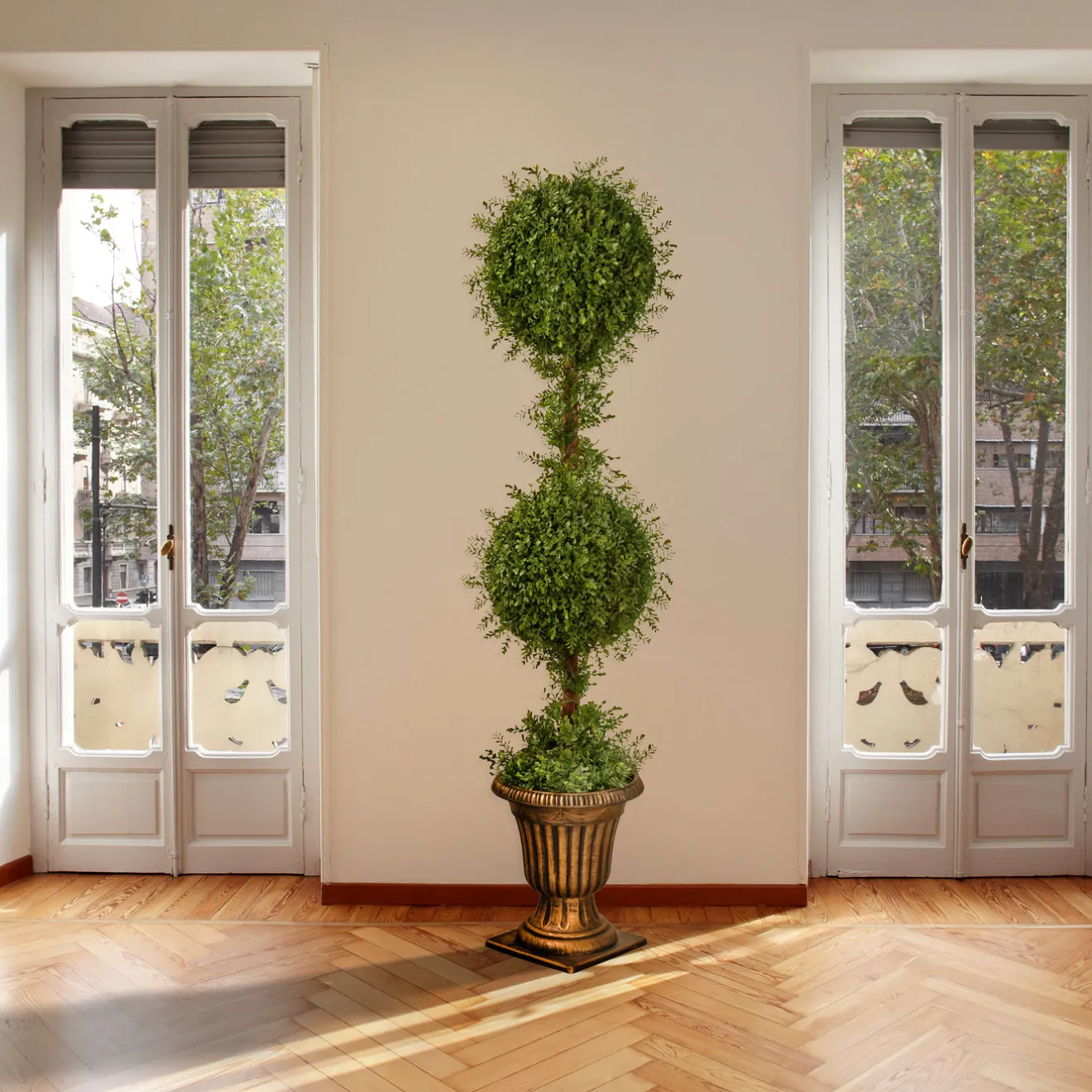 Outlet 60 in. Mini Tea Leaf 2 Ball Topiary with Black in a Gold Urn Topiaries & Shrubs