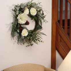 Best 26 in. Mixed Greens and White Flowers Decorated Wreath Unlit Christmas Wreaths|25-36 Inch Christmas Wreaths